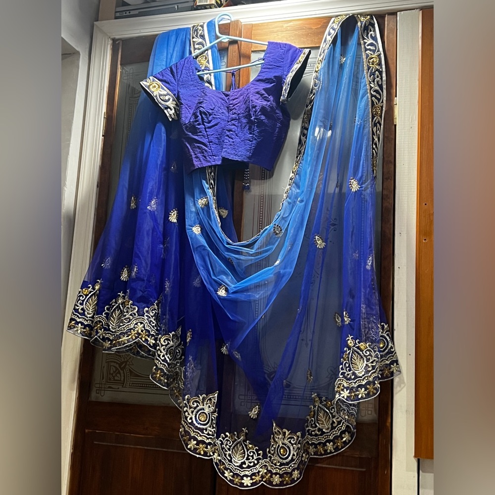 Designer Ombré Blue Soft Net Saree with gold+silver embroidery and jewel work